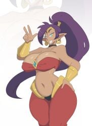big_breasts blue_eyes breasts brown_body brown_skin genie hips leedraw11 male mature peace_sign purple_eyes red_clothing shantae shantae_(character) smile smiling smiling_at_viewer wide_hips