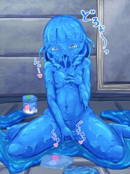 blue_hair blue_skin bodypaint colored_skin half-closed_eyes highres idolmaster idolmaster_cinderella_girls masturbation nipples paint painting_(medium) sound_effects tongue tongue_out torogao traditional_media ujiie_mutsumi wet_and_messy yaneura_(yaneur)