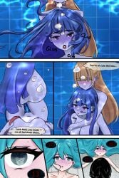 4girls air_bubbles big_breasts black_hair blonde_hair blue_eyes blue_hair breasts counting dark_hair drowned drowning empty_eyes exposed green_eyes marima666_(artist) naked nipples pool purple_eyes pussy_juice pussy_juice_drip removing_bra small_breasts swimming_pool underwater water