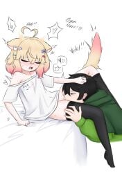 1boy 1boy1girl 1girls adult ahoge black_hair blonde_hair blush cat_ears cat_tail catgirl eating_out eating_pussy female green_eyes hair_grab hair_ornament heart indie_virtual_youtuber light-skinned_female light-skinned_male light_skin male minikomew pink_highlights shirt_only sweat szpecter thighhighs vedal987 virtual_youtuber vtuber white_shirt