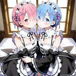 2boys ai_generated bed blue_eyes blue_hair bulge femboy genderswap genderswap_(ftm) hugging_another hugging_each_other indoors maid_headdress maid_uniform mansion pink_eyes pink_hair ram_(re:zero) re:zero_kara_hajimeru_isekai_seikatsu rem_(re:zero) roswaal_mansion_maid_uniform tagme tehmar trap twins