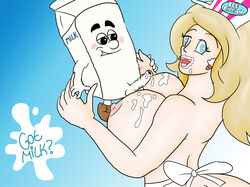 /co/ 2014 4chan anthro apron blonde_hair blue_eyes breasts color cum cum_on_breasts female food_groupie hair huge_breasts human interspecies male mascot melvin_milk milk milk_carton paizuri penis straight two_scoops_tina