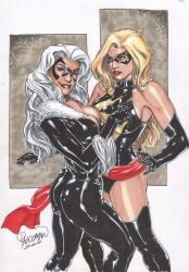 ass avengers big_ass big_breasts bikini black_cat_(marvel) bra breasts carol_danvers felicia_hardy female hairy_pussy lesbian_kiss light-skinned_female light_skin ms._marvel ms._marvel_(carol_danvers) romantic_couple smile spider-man_(series) sweat yuri yuri