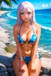 1girls ai_generated anime anime_girl babe beach beautiful beautiful_females big_breasts blue_eyes bracelet busty clouds curvy_female delicious exotic fairy_tail fantasy female_focus floral_print green_bikini hair_down island mirajane_strauss navel palm_tree rocks sea seaside seductive seductive_eyes sexy smiling_at_viewer solo stable_diffusion toongenai waifu waves white_hair_female witch