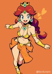 :d ai_assisted ai_generated alternate_costume anklet armlet bikini blue_eyes bracelet braid breasts brown_hair choker cleavage crown cute earrings female flower_earrings forehead_jewel gold_bikini gourdlumpins heart jewelry mario_(series) mario_kart mario_kart_world medium_breasts metal_bikini navel nintendo pelvic_curtain pendant princess princess_daisy pumps simple_background super_smash_bros.