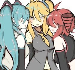 accessory ahoge akita_neru blue_hair blush breasts clothed drill_hair embarrassed embarrassed_female fff_threesome fully_clothed hatsune_miku kasane_teto kissing melink_(artist) midriff ponytail red_hair saliva_string saliva_trail threesome twin_drills twintails yellow_hair yuri