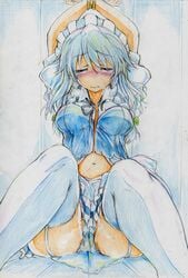 arms_up blush bondage braid breasts closed_eyes colored_pencil_(medium) female high_resolution long_hair maid maid_headdress navel nichibotsu_(kitaziman) panties partially_visible_vulva pussy_juice sakuya_izayoi solo tears thighhighs tied touhou traditional_media twin_braids underwear white_hair white_legwear