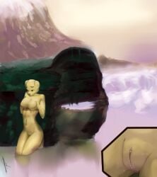 anthro bird_dog bodily_fluids breast_fondling breast_play breasts brown_nose canid canine canis clitoris cloud cutaway domestic_dog eyebrows female fog fondling fur genital_fluids genitals golden_retriever green_eyes hand_on_breast hi_res hunting_dog kansyr lake mammal moss mountain outside plant retriever self_fondle solo tree tree_trunk vaginal_fluids valerie_debars vulva yellow_body yellow_fur