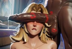 1boy 1girls :p ai_generated big_penis bite_lips blonde_hair blue_eyes covered_eyes dark-skinned_male dark_penis dark_skin earrings fantastic_four female huge_cock invisible_woman jimmers kiss_mark kiss_mark_on_balls kiss_mark_on_penis kiss_marks light-skinned_female light_skin male marvel marvel_rivals penis_on_face precum precum_drip precum_on_penis sue_storm