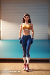 1girls abs ai_generated artist_name blue_gloves breasts brown_eyes brown_hair captain_carter full_body gloves gym hi_res indoors lips long_hair looking_at_viewer marvel marvel_comics medium_breasts medium_hair midriff navel nose pants peggy_carter progenarts realistic red_footwear shoes sneakers socks solo sports_bra sportswear standing thigh_gap toned watermark web_address what_if...? yoga_pants