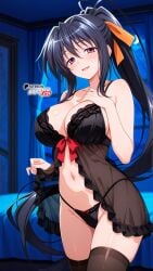 ai_generated akeno_himejima black_hair black_thighhighs boosterred99 bow female high_school_dxd illustrious_(stable_diffusion) indoors large_breasts lingerie long_hair naughty_face negligee orange_ribbon pony_diffusion_xl ponytail purple_eyes red_bow ribbon see-through sexy_clothing thick_thighs thong voluptuous