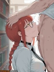1boy 2025 ai ai_assisted ai_generated anime anime_girl anime_style artist_name bangs black_choker black_necktie bookshelf braid braided_ponytail breasts chainsaw_man choker collared_shirt covered_nipples deepthroat fellatio female from_side glasses head_grab hi_res high_quality high_res high_resolution highres indoors irrumatio large_breasts librarian library long_hair long_sleeves makima_(chainsaw_man) necktie oral patreon patreon_username penis red_hair rinkoai shirt sidelocks solo_focus straight sweat testicles uncensored watermark white_shirt yellow_eyes