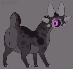 6_ears absurd_res ambiguous_gender anus artist_name big_anus big_eyes black_hair black_sclera black_scutes cloven_hooves countershade_tail countershade_torso countershading dewclaw_hooves emionix feral flat_colors grey_background hair hi_res hooves huge_anus hyper hyper_anus leg_markings looking_at_viewer looking_back looking_back_at_viewer lurkerbeast markings minmu_(emx) mottled mottled_body mouthless multi_ear multicolored_hair nonbinary_(lore) null pink_eyes pink_hair purple_body purple_countershading purple_markings quadruped rear_view scutes short_tail simple_background socks_(marking) solo standing tail text thick_tail three-quarter_view toony two_tone_hair unusual_ears