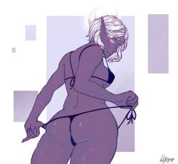 aasimar absurd_res bikini bikini_bottom bikini_pull bikini_top breasts dark_elf dark_elf_female dark_lips drow ear_piercing eyebrows eyelashes facial_piercing female genitals hair hi_res humanoid humanoid_pointy_ears jewelry l0pya makeup moon nose_piercing nude piercing purple_body purple_eyes short_hair simple_background solo vespera_(starfallvr) white_eyebrows white_eyelashes white_hair