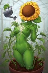ai_generated anthro breasts cum cum_on_breasts dirt female flower flowerpot green_skin greenhouse leaves nude perchance_ai plant pussy solo sunflower watering_can
