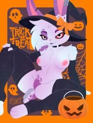 absurd_res anthro breasts clothed clothing ear_piercing female fur furry genitals hair hi_res irgramfox lagomorph leporid looking_at_viewer mammal piercing purple_spots rabbit red_eyes simple_background solo spots tail violet_luna white_body white_fur
