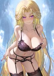 absurdres adjusting_bra adjusting_clothes adjusting_panties bare_arms bare_shoulders black_garter_belt black_garter_straps black_panties black_thighhighs blonde_hair blush bra breasts cleavage closed_mouth collarbone female garter_belt garter_straps highres lace lace-trimmed_bra lace_trim large_breasts long_hair looking_at_another navel original panties parted_bangs purple_bra purple_eyes purple_nails saw272 smile solo stomach thighhighs underwear