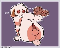 anthro anus ass balls digital_media_(artwork) embarrassed fur genitals hi_res lagomorph legs_up leporid looking_down male mammal multicolored_body multicolored_fur nude oliverracc on_ground pawpads penis pink_body pink_fur rabbit red_eyes simple_background solo tail tobi_(wiener-fag) two_tone_body two_tone_fur
