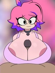 beat_banger bra breasts breasts_bigger_than_head clothed_sex collar heart_symbol neneefthy neneefthy_(rosita) paizuri paizuri_under_clothes paizuri_with_gigantic_breasts pink_hair purple_hair toriel_beat_banger vtuber vtuber_persona vtuberfanart vtubers white_shirt
