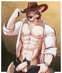 abs anthro artist_name balls black_bottomwear black_clothing black_nose black_pants border bottomwear bottomwear_down brown_background brown_body brown_fur canid canine canis chest_tuft clock clothed clothing collared_shirt countershading cowboy_hat coyote dated digital_media_(artwork) dress_shirt erection foreskin fur genitals grey_eyes half-erect hand_on_hat hat headgear headwear hi_res looking_at_viewer male mammal mouth_scar muscular muscular_male navel neck_tuft nipples notched_ear open_clothing open_shirt open_topwear pants pants_down partially_clothed partially_clothed_male pawpads pecs penis pink_nipples pubes rolled_up_sleeves scar shirt signature simple_background smile smiling_at_viewer solo tail tan_body tan_fur text tipping_hat topwear tuft vein veiny_penis ventkazemaru watch white_body white_dress_shirt white_fur william_adler