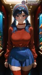 1girls ai_generated aquarium arms_at_sides belt black_eyes black_hair blue_hair blue_skirt blush breasts choker closed_mouth collarbone cowboy_shot curvy female fish hair_ornament hair_over_shoulder hairband high-waist_skirt indoors large_breasts long_hair long_sleeves looking_at_viewer low_twintails meitabuu miniskirt miside mita_(miside) mole pleated_skirt red_choker red_hairband red_shirt red_sweater red_thighhighs ribbon_choker scrunchie shirt shirt_tucked_in skindentation skirt smile solo standing thick_thighs thigh_gap thighhighs thighs twintails wide_hips zettai_ryouiki