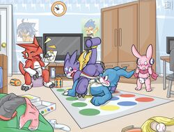 4boys absurdres angry anus ass blush briefs bulge colored cutemon detailed_background digimon duo earmuffs embarrassed erection erection_under_clothes exposed frottage furry furry_only gay group gumdramon imminent_sex laugh looking_back male male_only no_humans raised_tail raukue scalie scarf shaded shoutmon tail_ring testicles toony twister underwear underwear_down underwear_only veemon white_underwear wrestling yaoi