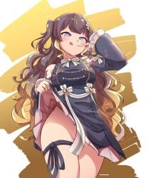 1girls anya_melfissa blonde_hair blush brown_hair dress_lift hololive hololive_indonesia large_breasts licking_lips no_panties pin_(user_hhmh7784) purple_eyes smilg smug teasing thighs tongue tongue_out wide_hips
