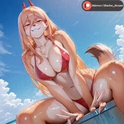 absurdly_large_breasts ai_generated animal_ears anime_style anthro beach big_breasts bikini canine chainsaw_man cleavage curvy dripping fanart female fur furry furry_ass furry_breasts furry_ears furry_female furry_only furry_tail looking_at_viewer micro_bikini mischievous_smile nsfw outdoors patreon patreon_watermark paw_feet paw_hands peace_sign power_(chainsaw_man) red_bikini shadowsenpai sky slim_waist smile snout solo suggestive sunlight tagme tail thick_thighs underboob water_drops wet wet_skin