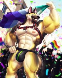 2025 4:5 abs ambiguous_species anthro areola armpit_hair barazoku biceps big_bulge big_muscles bisexual_pride_colors blurred_background body_hair building bulge canid canine canis city claws clothed clothing confetti day domestic_dog dream_and_nightmare eyebrows flag flag_(object) fur german_shepherd group hand_on_hip harness herding_dog hi_res holding_flag holding_object huge_bulge huge_muscles jockstrap kanic lgbt_pride lgbt_pride_month looking_at_viewer male male_only mammal manly muscular muscular_anthro muscular_male narrowed_eyes navel nipples obliques outside parade pastoral_dog pecs pride_color_flag pride_colors quads rainbow_pride_colors serratus silhouette smile solo_focus standing teeth thick_arms thick_thighs topless topless_anthro topless_male tuft underwear vincian_pride_colors