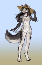 1girls 2024 absurd_res anthro barefoot breasts canid canine canis clothing digital_media_(artwork) digitigrade feet female furry genitals hand_on_hat hi_res lawaros mammal multi_nipple nipples pussy ryder_(dewriter) simple_background smile solo standing summer_hat tail translucent translucent_clothing vulva wolf wolf_girl