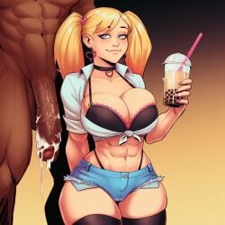 abs ai_generated aipixelporn big_breasts black_bra blonde_hair blue_eyes choker cum_in_drink cum_on_penis dark-skinned_male female gyaru heart-shaped_pupils heart_earrings jean_shorts muscles sara_(aipxelporn) thighhighs thighs tied_shirt twintails