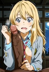 ai_generated akaz123 brown_penis drooling forearm_cock imminent_fellatio imminent_oral large_penis looking_at_viewer miyazono_kaori penis_awe school_uniform schoolgirl shigatsu_wa_kimi_no_uso shocked_expression small_breasts steaming_body surprised_expression sweating thick_penis veiny_penis your_lie_in_april