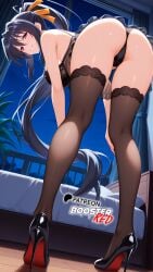ai_generated akeno_himejima ass ass_focus bent_over black_hair black_thighhighs boosterred99 bow cameltoe female full_body fully_clothed heels high_heels high_school_dxd illustrious_(stable_diffusion) indoors large_breasts legs lingerie long_hair naughty_face negligee orange_ribbon pony_diffusion_xl ponytail purple_eyes red_bow ribbon see-through sexy_clothing thick_thighs thong voluptuous