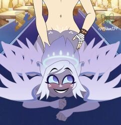 1boy 1girls angel angel_wings ass_grab ass_up biting_lip bitting bitting_lip black_lipstick blue_eyes blue_sclera cum cum_drip cum_dripping cum_dripping_out_of_pussy cum_in_pussy cum_inside cumdrip doggy_style dripping dripping_cum dripping_pussy dripping_semen emily_(hazbin_hotel) female fingerless_gloves freckles grabbing_ass grabbing_from_behind grabbing_hips grey_body grey_skin halo hazbin_hotel head_down_ass_up hellaverse hip_grab internal_cumshot long_gloves long_hair male male_out_of_frame mbhen114 multi_wing on_floor on_ground out_of_frame out_of_frame_male partial_male pussy seraph smile spellcaster_knight white_hair wings