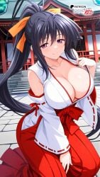 ai_generated akeno_himejima black_hair boosterred99 female high_school_dxd illustrious_(stable_diffusion) japanese_clothes large_breasts long_hair miko orange_ribbon pony_diffusion_xl ponytail purple_eyes ribbon seductive voluptuous