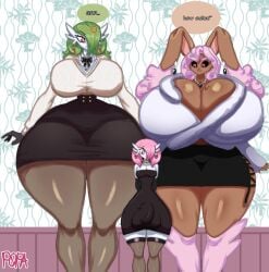 1boy 2girls big_thighs breasts dress edit enormous_breasts female femboy feminine_male fully_clothed gardevoir green_hair highs huge_thighs hyper hyper_breasts hyper_thighs isabelle_(popa) larger_female male massive_thighs nintendo pokemon pokemon_(species) popa_nsfw size_difference smaller_male thick_thighs thigh thighhighs wide_hips zaria_(popa)