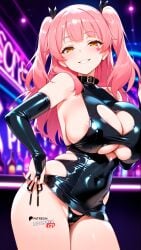 ai_generated areola_slip black_thighhighs bodycon bodysuit boosterred99 bridal_gauntlets collar fujinoki_nene hajimete_no_gal illustrious_(stable_diffusion) large_breasts latex latex_clothing latex_gloves long_hair naughty_face night nightclub pony_diffusion_xl side-tie_bikini sideboob stable_diffusion thick_thighs thighs thong
