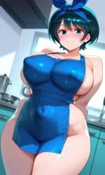 1girls ai_generated apron apron_only breasts female female_only kanojo_okarishimasu large_breasts light-skinned_female light_skin looking_at_viewer sarashina_ruka shiny_skin solo thick_thighs thighs wet wide_hips yuukiai