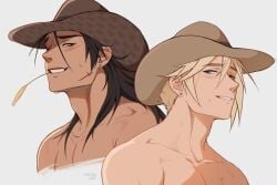 2boys black_hair blonde_hair blue_eyes cloud_strife cowboy_hat final_fantasy final_fantasy_vii male_only white_skin yaoi zack_fair