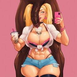 abs ai_generated aipixelporn big_breasts black_bra blonde_hair blue_eyes bubble_tea choker cum_on_breasts dark-skinned_male female gyaru heart-shaped_pupils heart_earrings jean_shorts muscles sara_(aipxelporn) thighhighs thighs tied_shirt twintails