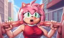 2boys1girl ai ai_art ai_generated amy_rose anthro anthro_female big_breasts big_breasts blowjob_face clothed_female_nude_male double_handjob furry_female green_eyes hairband joyboy56 outdoor_sex pink_hair public_nudity public_sex sonic_(series) sonic_the_hedgehog_(series)