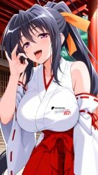 ai_generated akeno_himejima black_hair boosterred99 fellatio_gesture female high_school_dxd illustrious_(stable_diffusion) japanese_clothes large_breasts long_hair miko open_mouth orange_ribbon pony_diffusion_xl ponytail purple_eyes ribbon seductive tongue tongue_out voluptuous
