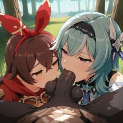 1boy 2girls ai_generated amber_(genshin_impact) balls black_hairband black_skin blue_hair blush breasts brown_eyes brown_hair cooperative_fellatio crossed_bangs dark-skinned_male dark_skin day erection eula_(genshin_impact) fellatio female ffm_threesome forest genshin_impact goggles goggles_around_neck group_sex hair_between_eyes hair_ornament hairband hilichurl_(species) interspecies large_penis long_hair male medium_hair monster multiple_girls nature necktie oral outdoors penis pov purple_eyes red_ribbon saliva straight testicle_sucking testicles threesome tree uncensored veins veiny_penis zoophilia