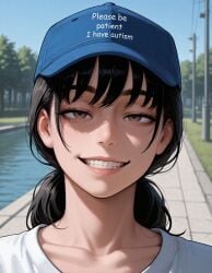 1girls ai_generated black_hair blue_cape brown_eyes cape chainsaw_man clothed clothed_female clothes_writing collarbone english_text female female_only looking_at_viewer mitaka_asa outdoors sfw smile sogo solo solo_female t-shirt teeth text text_on_clothing upper_body