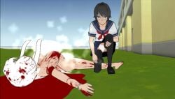 2girls 3d akari_oborodzuka ayano_aishi barefoot black_hair black_shoes black_thighhighs blood blood_on_body blood_on_breasts blood_stain blossomtea blue_sailor_collar bracelet breasts collared_shirt convenient_censoring crossover crouching death full_body grass grey_bracelet grey_eyes large_breasts laying_on_grass long_hair masa_works_design neckerchief nude oni_to_kitsune_no_hanashi outdoors panties pantyshot ponytail red_neckerchief sailor_collar school_uniform self_upload serafuku shoes steam_censor thighhighs underwear white_hair white_panties white_serafuku yandere_simulator