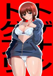 1girls blue_eyes bra breasts brown_hair female female_only girls_band_cry hi_res higher_resolution_duplicate highres iseri_nina jacket jacket_open japanese_text light-skinned_female light_skin looking_at_viewer makaichance panties pattern_topwear pattern_underwear pout pouting red_background short_hair striped_panties text toei_animation underwear