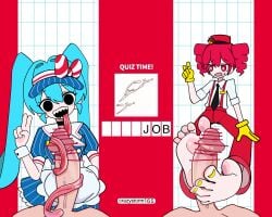 2boys 2d 2d_(artwork) 2girls black_eyes blowjob blue_hair censored censored_penis clothed clothed_female_nude_male clothing competitive competitive_sex crazystorm-165 feet female foot_fetish footjob fully_clothed hairbow hat hatsune_miku hypnosis hypnotized kasane_teto kasane_teto_(sv) long_tongue male mesmerizer_(vocaloid) mesmerizer_miku mesmerizer_teto nail_polish oral oral_sex painted_nails peace_sign penis red_eyes red_hair sex sharp_teeth simple_background soles straight synthesizer_v tongue tongue_around_penis tongue_out tongue_wrap tonguejob twin_drills twintails utau very_long_tongue vocaloid yellow_nails