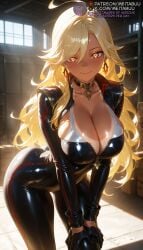 1girls ahoge ai_generated biker_clothes black_bodysuit black_choker black_gloves blonde_hair blush bodysuit bra breasts choker cleavage closed_mouth collar collarbone dark-skinned_female dark_skin earrings female genshin_impact gloves hair_between_eyes hands_on_own_knees indoors jewelry large_breasts latex leaning_forward long_hair long_sleeves looking_at_viewer mavuika_(genshin_impact) meitabuu open_bodysuit orange_eyes partially_unzipped red_eyes shiny_clothes skin_tight smile solo standing sunlight sweat swept_bangs symbol-shaped_pupils tan tanlines underwear unzipped virtual_youtuber zipper zipper_pull_tab