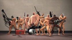 3d 9boys age_difference arched_back balaclava baseball_bat bazooka cap cross-eyed dark-skinned_male demoman engineer engineer_(team_fortress_2) erection eye_patch flamethrower furei gas_mask gatling_gun glasses glasses_removed gloves gun heavy_weapons_guy holding_weapon looking_at_viewer male male_focus male_only mask medic medic_(team_fortress_2) multiple_males multiple_penises nude open_mouth penis_size_difference pistol pleasure_face presenting_penis pyro pyro_(team_fortress_2) rifle saw_blade scout scout_(team_fortress_2) size_difference sniper sniper_(team_fortress_2) soldier soldier_(team_fortress_2) spy spy_(team_fortress_2) team_fortress_2 toolbox various_positions watch_cap weapons wild_eyes wrench