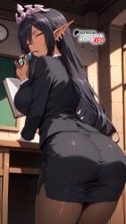 ai_generated ass ass_focus black_hair black_skirt boosterred99 dark_elf dark_skin elf elf_ears from_behind from_behind_position glasses illustrious_(stable_diffusion) kuroinu_2_~inyoku_ni_somaru_haitoku_no_miyako,_futatabi~ kuroinu_~kedakaki_seijo_wa_hakudaku_ni_somaru~ large_breasts long_hair olga_discordia pantyhose pony_diffusion_xl school shirt skirt thighs tiara white_shirt yellow_eyes